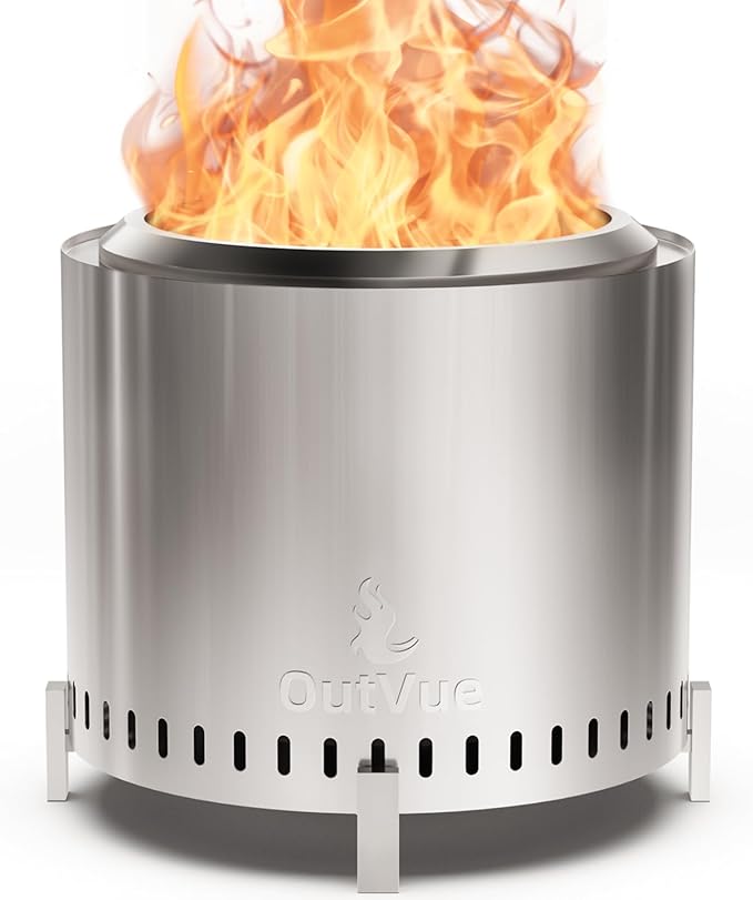 OutVue 19.5 inch Stainless Steel Smokeless Fire Pit Outdoor Smokeless Firepit Wood Burning Fire Pits for Camping Bonfire Low Smoke Firepit for Outside (Vertical Hole)
