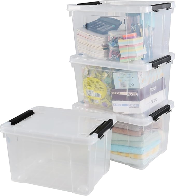 4 Pack 23 L Plastic Storage Bins with Wheels Clear Storage Latch Box with Lids