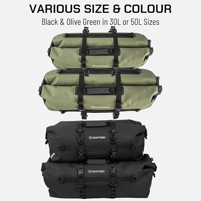 Lone Rider Waterproof Motorcycle Tail Bag 50L - Dustproof Roll Top Dry Bag ADV Motorbike Touring Luggage - 600D TPU Welded Seams Air Valve MOLLE Quick-Release Straps - Black