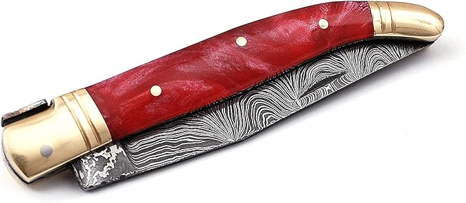 Damascus steel blade Laguiole style Folding knife by Damascus depot 8.5 Long with 4 hand forged custom twist pattern Blade. unshrinkable Resin scale exotic color with brass bolster and Pommel. Cow