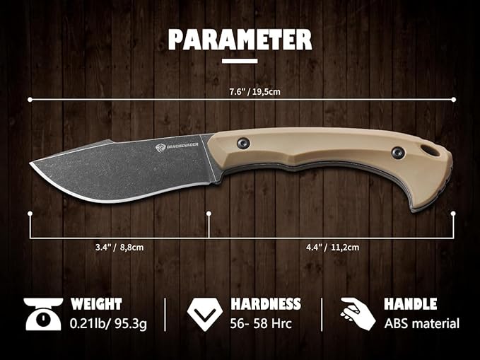 DRACHENADER Survival Knife with Fire Starter L-Y 7.68 Full Tang Small Fixed Blade Knife with Belt Clip Khaki + Stonewashed Black