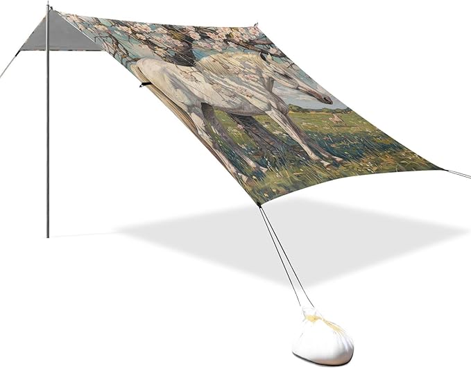 ALAZA White Horse Under Cherry Tree Beach Tent Sun Shelter Portable Canopy Sunshade for Outdoor Camping Picnics Backyard Fun 10x9 ft