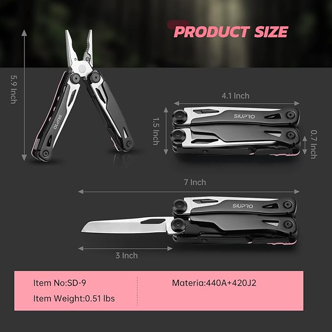SIUPRO Multitool Pocket Knife for Men Women Tactical Multi Tool with Pliers Saw Screwdriver All Self-Locking Survival Gear With Clip and Pouch for Camping Gifts Idea Pink