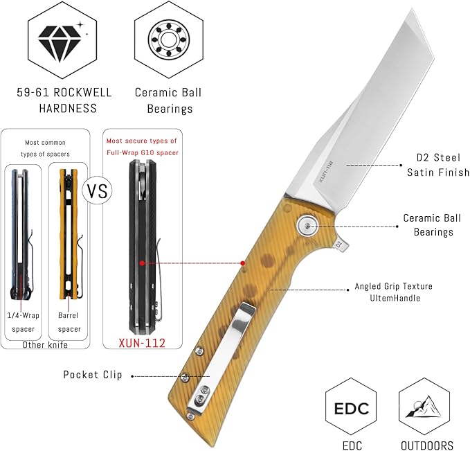 Folding&ampPocket Knife3.55 D2 EDC Knife with Flipper opener Plain Tanto BladeUltem Camping Tool Gift for Outdoor Men/WomenXUN112-JUS(Satin)
