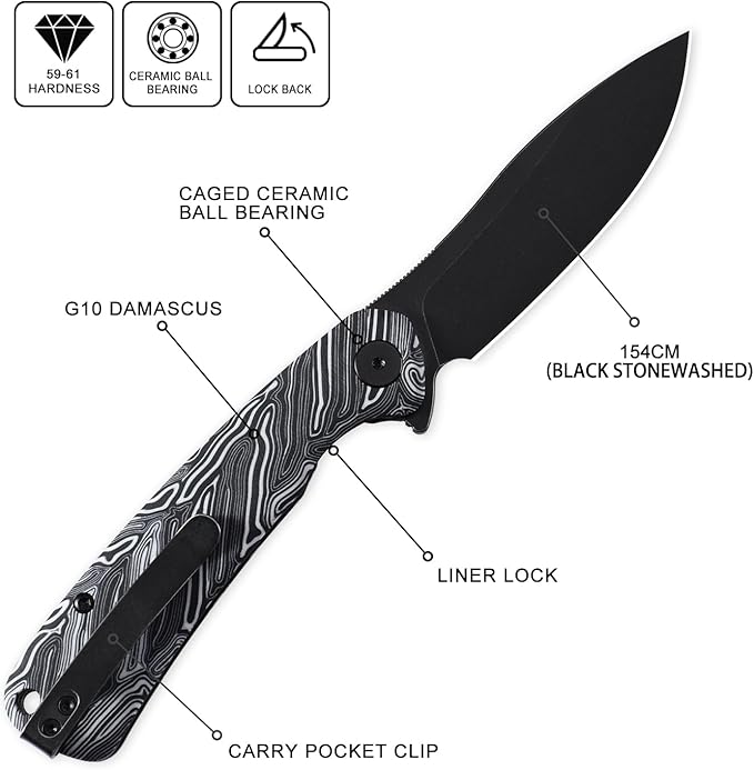 Petrified fish PFE14 Rogue Folding Knife3.43 154CM Steel Black Stonewashed Blade G10 Handle Pocket knife for Camping Outdoor EDC (White Black Stonewashed)