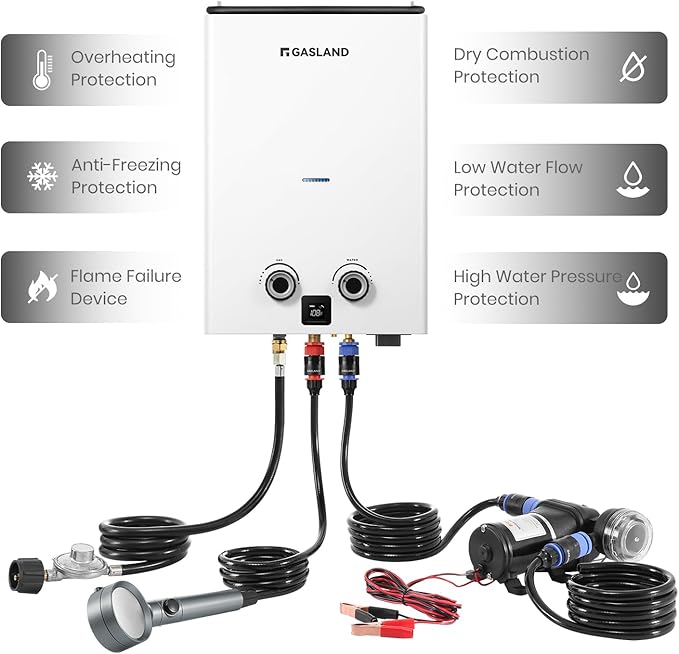 GASLAND Goshower 2.64GPM Outdoor Propane Tankless Water Heater 10L Compact Portable Hot Water heater with Pump &amp Pipe Strainer for Off Grid Portable Camping Water Heater 68000 BTU G10 Pro