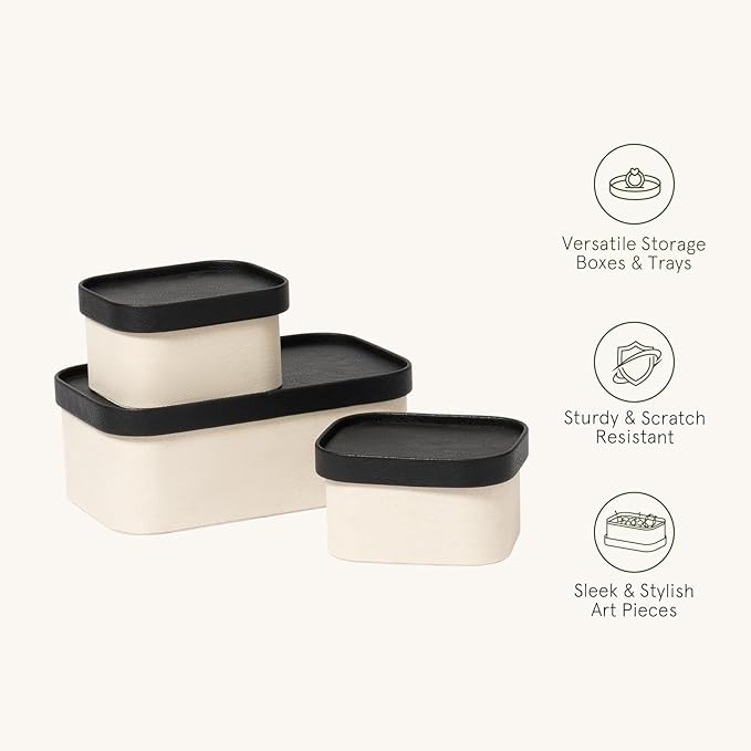 LA JOLIE MUSE Fluted Cardboard Storage Baskets with Leather-Like Lids Sturdy Stackable Paper Boxes Decorative Tray Black &amp Beige Set of 3