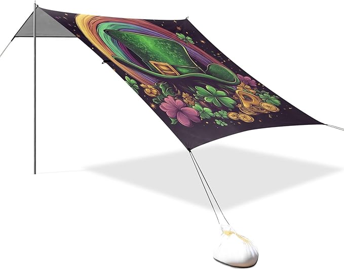 ALAZA Happy St. Patrick's Day with Leprechaun Hat Clover Leaves Rainbow Beach Tent Sun Shelter Portable Canopy Sunshade for Outdoor Camping Picnics Backyard Fun 10x9 ft