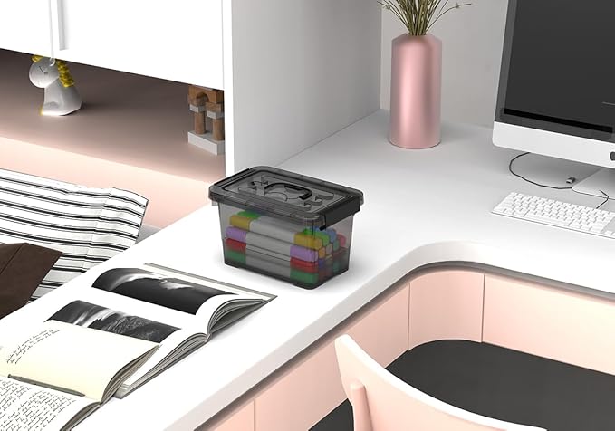 Plastic Storage Bins with Lids 5-Pack Storage Organizer 4 Quart Stackable Storage Bins with Buckle Lids and Handle easy for Home Office Pantry Organization Clear Black