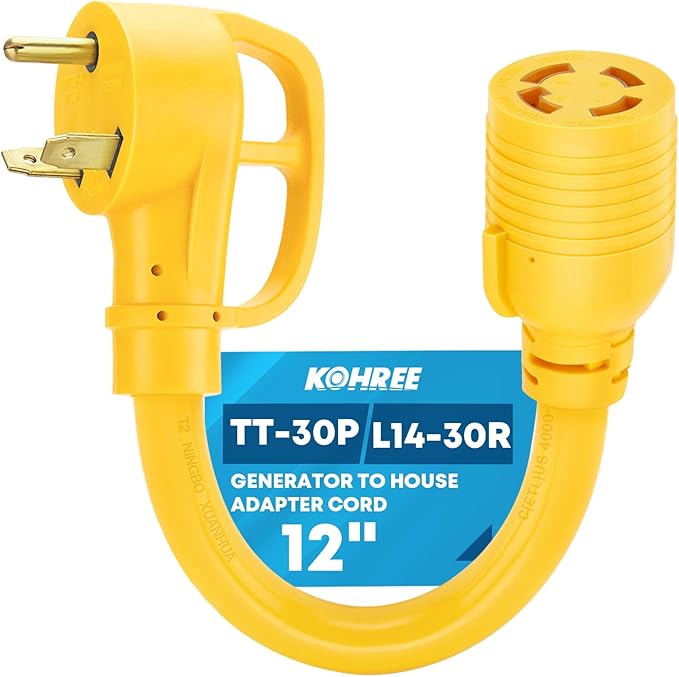 Kohree NEMA TT-30P to L14-30R Generator Adapter Cord 30Amp 3 Prong to 4 Prong Adapter Generator Transfer Switch Adapter Cord STW 10 AWG 12'' 30 Amp Male Generator to 30 Amp House Inlet Box Adapter