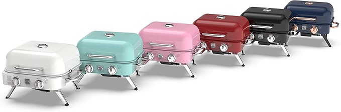 Kenmore Portable Propane Gas Grill - Tabletop BBQ Grill with Warming Rack 2 Stainless Steel Burners with 14000 BTUs for Outdoor Kitchen Camping Pearl