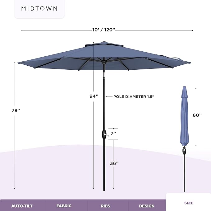 Midtown Umbrellas - 10-Year-No-Fade 10 Ft Patio Umbrella with Terylast Fabric Auto-Tilt Aluminum Frame and 8 Reinforced Ribs for Deck Pool Garden &amp Beach - Light Navy Canopy Black Pole