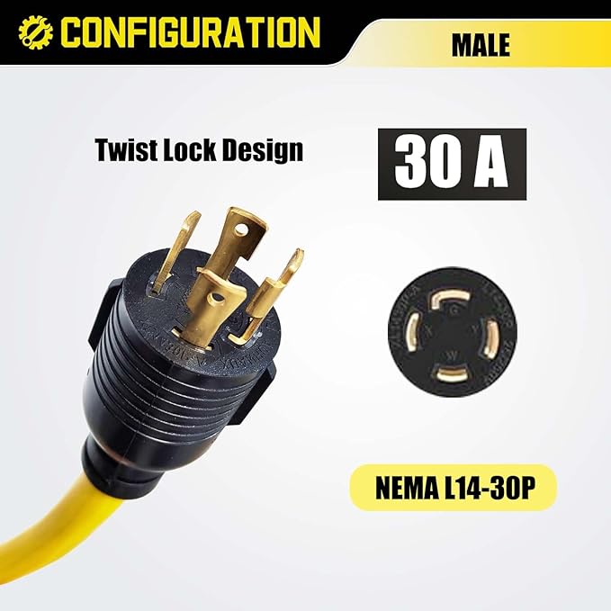 4 Prong Twist Lock 30 Amp to 50 Amp RV Adapter Cord 240V NEMA L14-30P Locking Male to 14-50R Female for Tesla EV