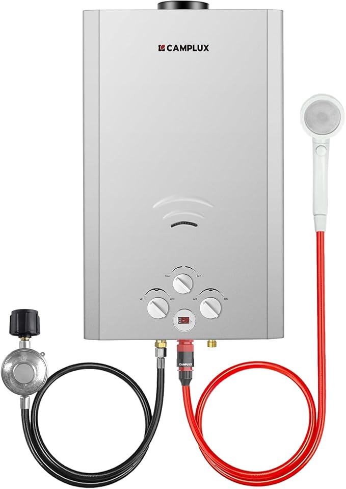 CAMPLUX Tankless Water Heater 4.22 GPM Propane Water Heater Gas 110000 BTU Outdoor Camping Water Heater Propane Shower Gray