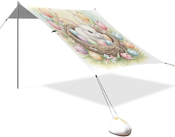 Easter Bunny Beach Canopy Sun Shelter with Sandbags &amp Sand Shovel &amp Windproof Ropes - Portable 110x126 Beach Shade Beach Tent for Camping Picnics