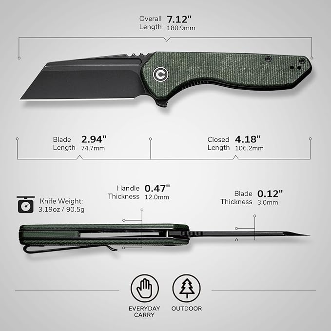 CIVIVI Pocket Knife for Men ExOne Folding Knife with Flipper 2.94 Nitro-V Reverse Tanto Blade Micarta Handle for Perfect EDC Gift C23036-3