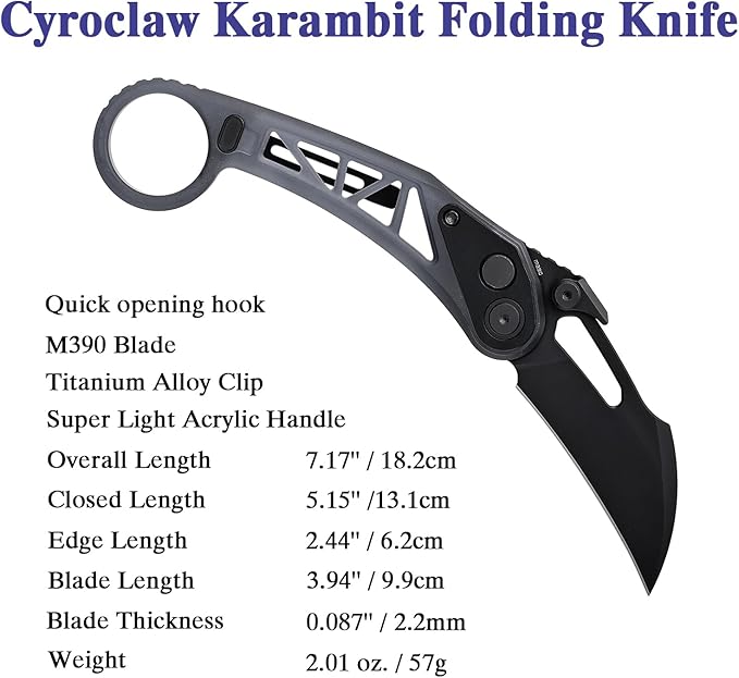 Hightron-Darkclaw Karambit Pocket Knife 3.94'' - Bohler M390 Blade with Integral Black Transparent Acrylic Handle- Button Lock - Pocket Quick Opening Hook- Knife Collector`s Gift
