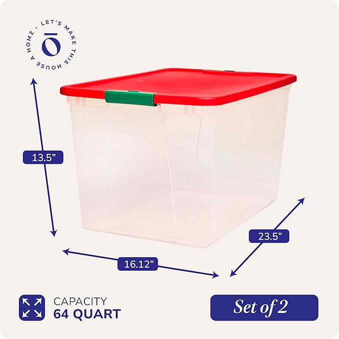HOMZ 2 Pack Secure Latch Clear Plastic Storage Organizer Bins 64 Quart Red Lid - Stackable Container Boxes for Bedroom Bathroom Garage and Office Organization