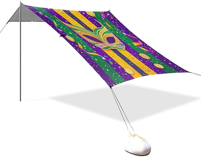 Mardi Gras Carnival Tie Coin Beach Cabana UPF50+ Protection Easy Setup Large Portable Sun Shelter with Sand Pockets for Backyard and Camping