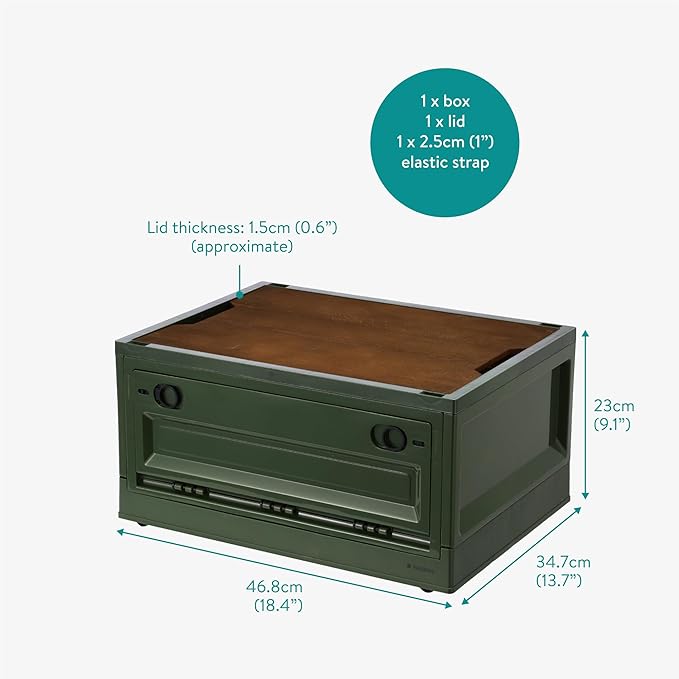 Navaris Camping Storage Box Green - 35L Foldable Bin with Pine Wood Lid - Collapsible Folding Crate - Easy to Disassemble Plastic Storage Crates - Stackable Design with Wheels