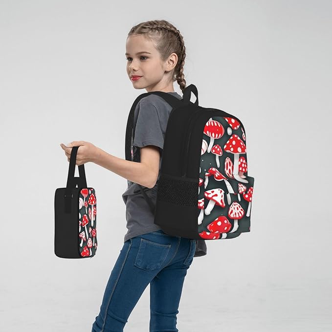 Red White Mushroom Backpack With Lunch Box 3 In 1 Set With Pencil Case Large Capacity Backpack With Chest Strap