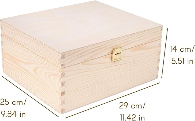 Creative Deco Wooden Storage Box Unpainted Plain | 11.41 x 9.84 x 5.51 in | Golden Latch &amp Lid | Perfect for Storing Valuables &amp Small Items in the Office or Bedroom | Keepsake Memory Trinket
