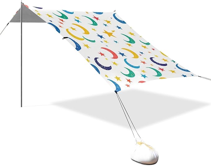 ALAZA Colorful Moon Stars Seamless on White Beach Tent Sun Shelter Portable Canopy Sunshade for Outdoor Camping Picnics Backyard Fun 10x9 ft