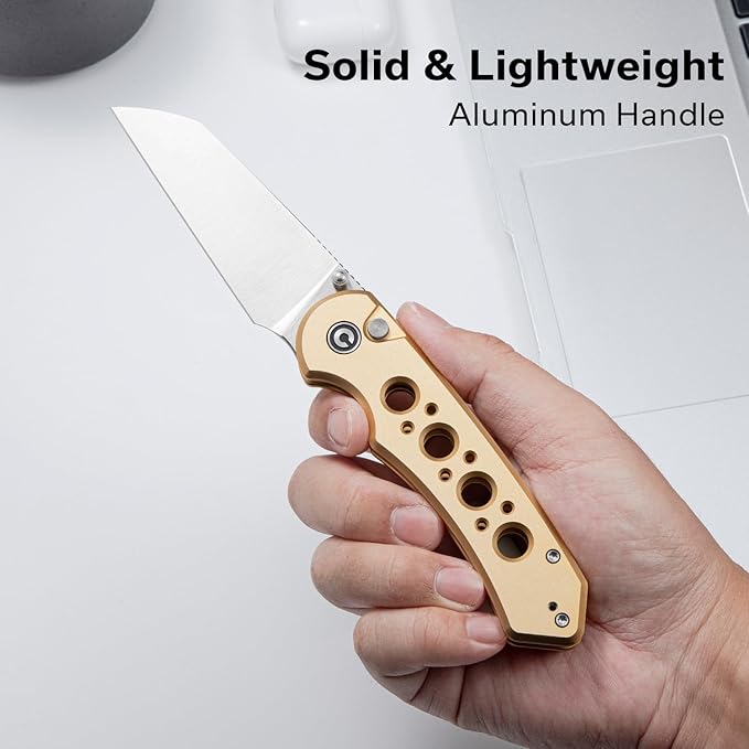 CIVIVI Pragma Prime Pocket Knife for EDC 3.49 14C28N Blade Aluminum Handle with Reversible Clip Camping Hiking Folding Knife for Men Women C24067-3 Champagne