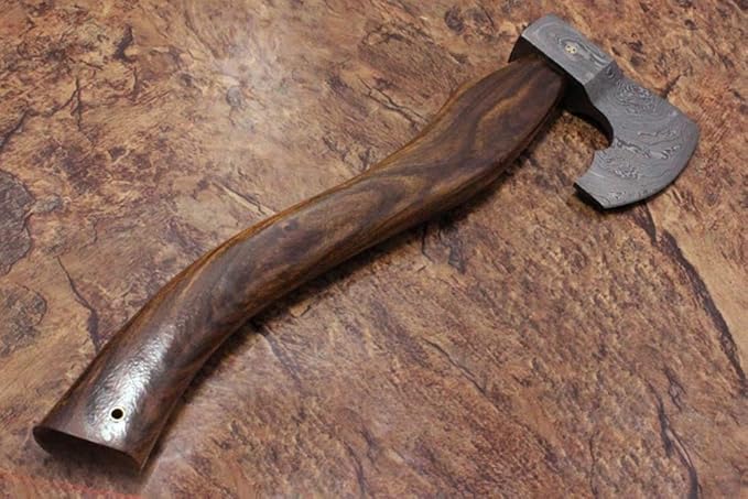 16 Inches Long Hand Forged Damascus Steel Tomahawk Axe Bearded Hiking Battle Axe Rose Wood Round Handle Large 5 Cutting Edge Thick Cow Hide Leather Sheath