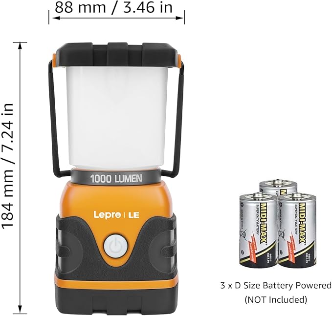 Lepro 1000LM Battery Powered LED Camping Lantern Orange Tent Light with 4 Light Modes Camping Essentials Waterproof Lantern Flashlight for Camping Emergency Light Power Outage Not Rechargeable