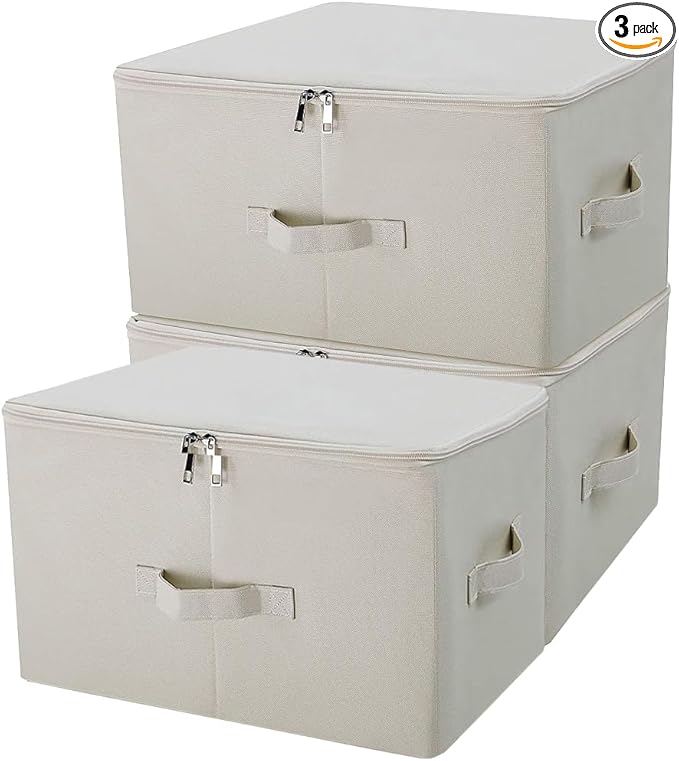 iwill CREATE PRO 3-Pack Beige Folding Storage Boxes with Zip Lid | Collapsible &amp Stackable Rigid Organizer Bins for Clothes Blankets Books
