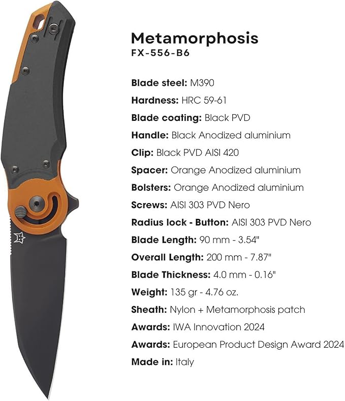 Fox Knives FX-556-B6 Metamorphosis Folding Knife 3.54in M390 Wharncliffe Blade Radius Lock EDC Pocket Knife Made in Italy Award-Winning Design (Black Anodized Aluminum)