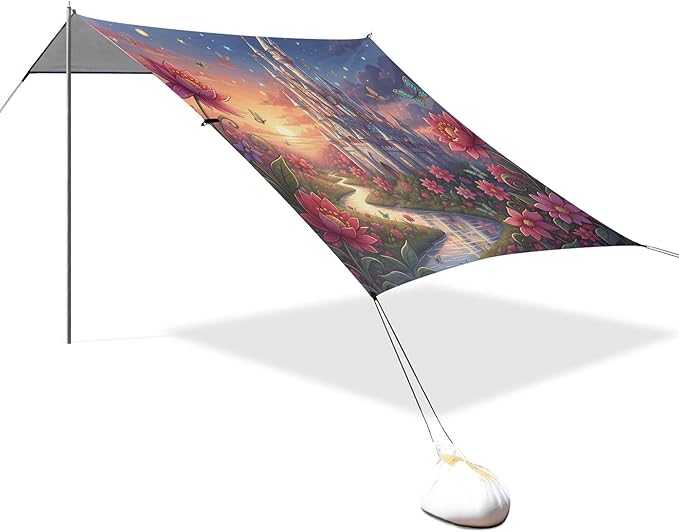 Castle Beach Canopy Sun Shelter with Sandbags &amp Sand Shovel &amp Windproof Ropes - Portable 110x126 Beach Shade Beach Tent for Camping Picnics