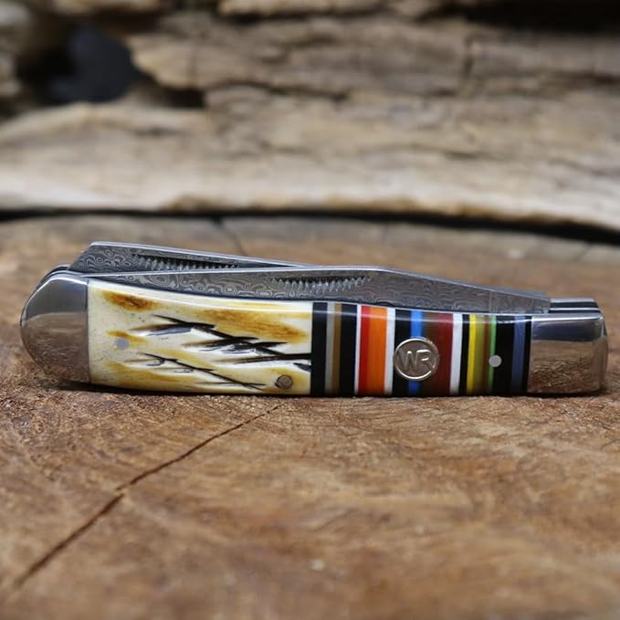 WHISKEY BENT HAT CO. Traditional Trapper Folding Pocket Knife 4.125 Closed Length 440C Stainless Steel Blades (Bandito - Damascus Blades)