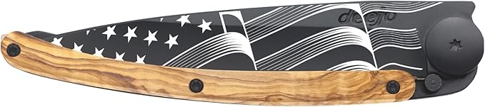 deejo - 27G Folding Pocket Knife with Belt Clip - Stars and Stripes Design 2.95-Inch Stainless Steel Blade Black Titanium Finish Olive Wood Handle - Lightweight EDC for Home Work and Outdoor Use