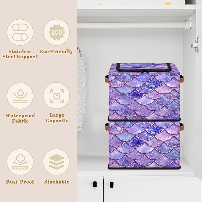 Mermaid Scales Storage Box with Lid Ocean Beach Collapsible Storage Bins Baskets Cubes Closet Shelf Clothes Organizer Containers with PU Leather Handles