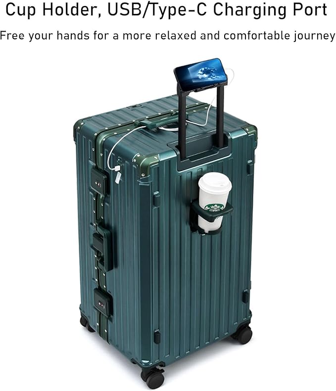 LEOVEN Hardside Luggage LS-0683 PC Hard Shell Suitcase with Cup Holder USB Type-C 3:7 Ratio Large Capacity Aluminium Frame TSA Customs Lock 360° Double Wheels with Brake and Shock Absorber