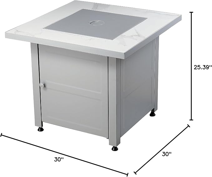 Endless Summer 30 Inch Square Outdoor Gas Fire Pit Table with Marble Mantel Slate Finish White Fire Glass and Protective Cover
