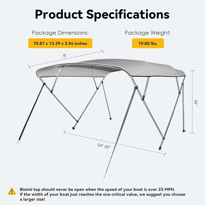 Deckpro 3 Bow / 4 Bow Bimini Tops for Boats 600D Marine Grade Fabric Boat Canopy Cover Waterproof &amp Durable with Straps Mounting Hardware &amp Storage Boot Boat Accessories