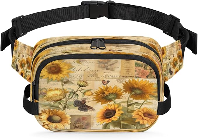 Vintage Poster Sunflower Butterfly Waterproof Fanny Pack for Women Men Adjustable Waist Bag with Double Zipper Pockets Lightweight Square Hip Pack for Running Travel Hiking Workout Cycling