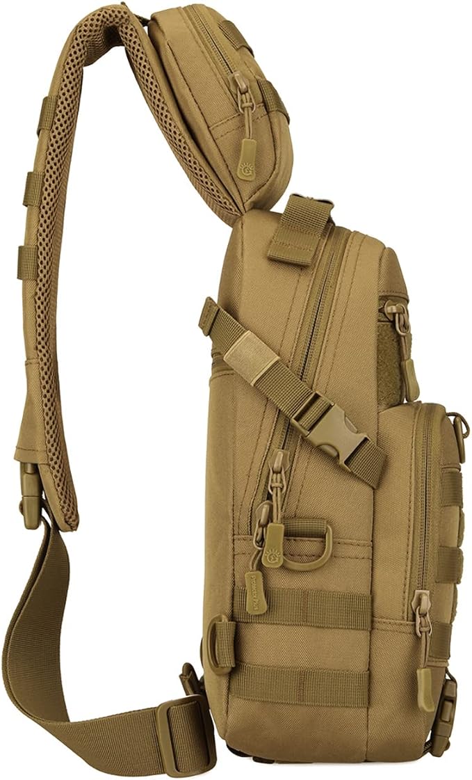 Tactical EDC Sling Bag Military Shoulder Backpack for Men Women Molle Chest Assault Pack Outdoor Crossbody Daypack (Brown)