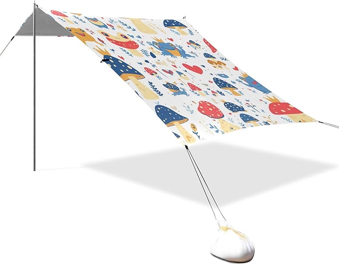Various Funny Frogs Safari Mushroom Princess Foldable Beach Tent UPF50+ Protection Easy Setup Large Sun Shelter with Sandbags &amp Sand Shovel for Family Trips Picnics &amp Camping