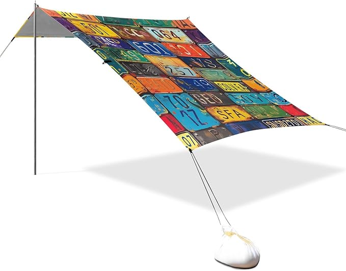 ALAZA Colorful License Plates Beach Tent Sun Shelter Portable Canopy Sunshade for Outdoor Camping Picnics Backyard Fun 10x9 ft