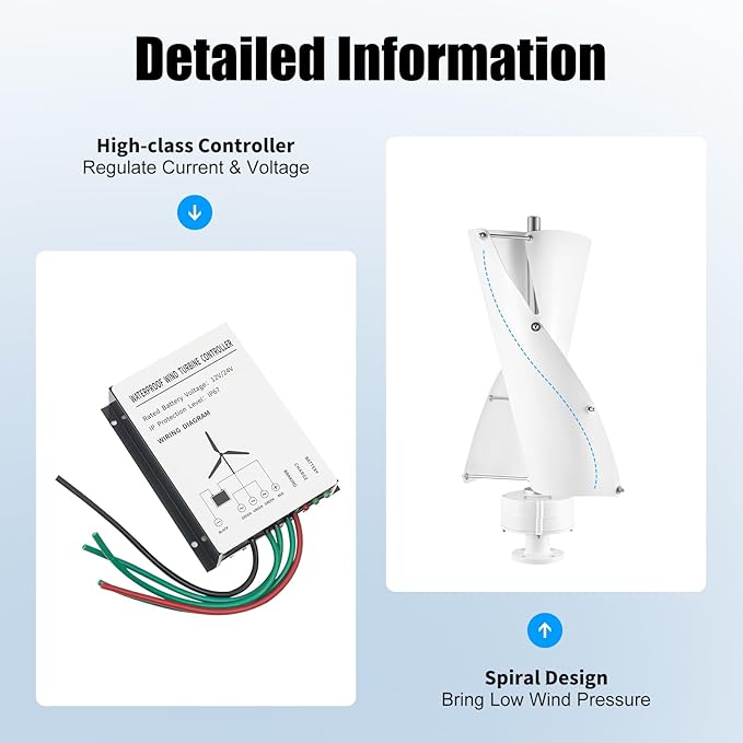 100W Vertical Axis Wind Turbine Generator Permanent Magnet Generator with Intelligent Controller Low Noise Helical Design Windmill for Home Boats Street Lighting
