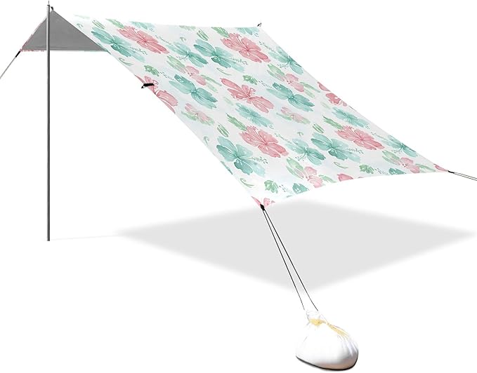 Wildflowers Beach Canopy Sun Shelter with Sandbags &amp Sand Shovel &amp Windproof Ropes - Portable 110x126 Beach Shade Beach Tent for Camping Picnics