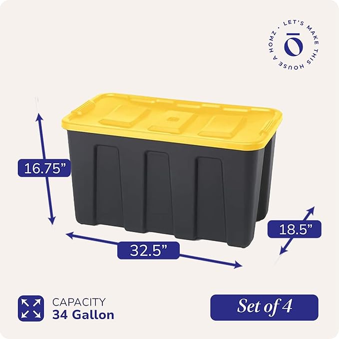 HOMZ 4-Pack Durabilt Tote Heavy Duty Plastic Storage Bins with Lids 34 Gallon Black/Yellow - Stackable Organizing Containers for Home Garage and Office