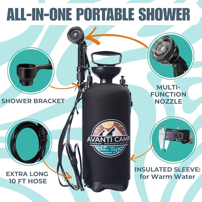 Pressurized Camping Shower (8L/2.1 Gal) – Portable Beach Shower for Surfing Camping &amp Van Life – Outdoor Rinse Kit with Hand Pump &amp 10 Spray Modes – Portable Water Sprayer Pets &amp Gear | A