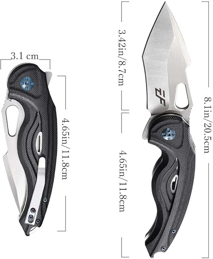 Eafengrow EF936 Pocket KnifeG10 Handle D2 Steel Blade Knife with Ball Bearing Safe Open Flipper Knife Liner Lock Tactical Tool Knives for Camping Survival Hiking (black)