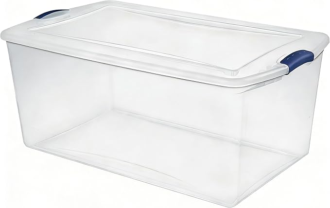 105 Quart Heavy-Duty Clear Plastic Storage Bin – Stackable &amp Nestable Latch Box with Clear Lid &amp Blue Secure Latches Ideal for Home Closet Dorm Garage Basement &amp Patio Organization
