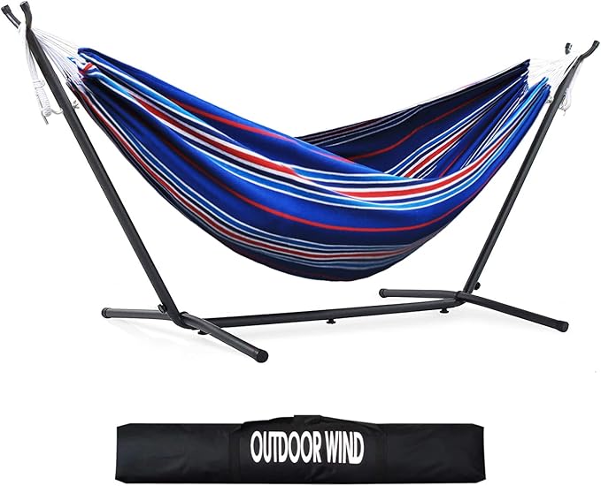 550lbs Capacity Double Hammock Adjustable Hammock Bed with 10ft Heavy Duty Steel Stand Includes Portable Carrying Case Easy Set up Blue Pinstrip B